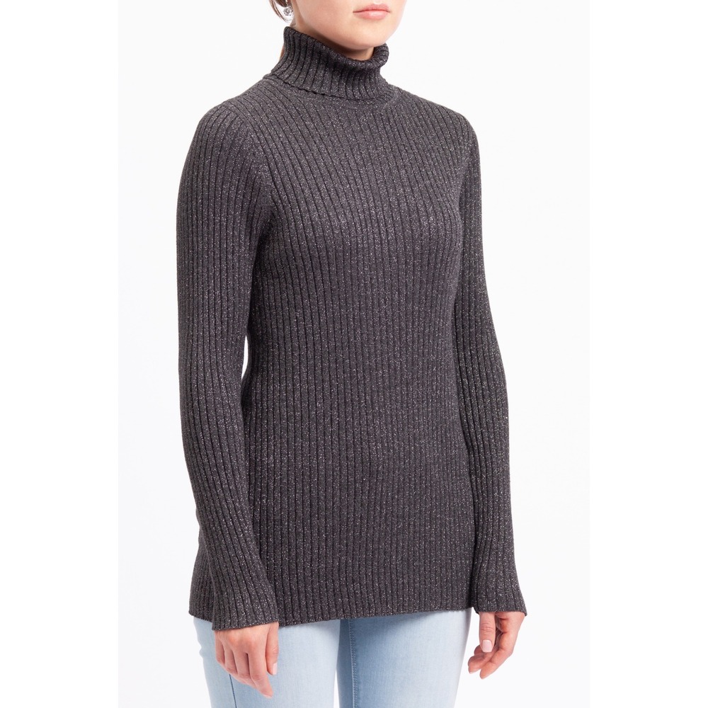 Chicos Ribbed Lurex Shine Turtleneck Sweater Size 3 (XL) Gray Metallic‎ Pullover